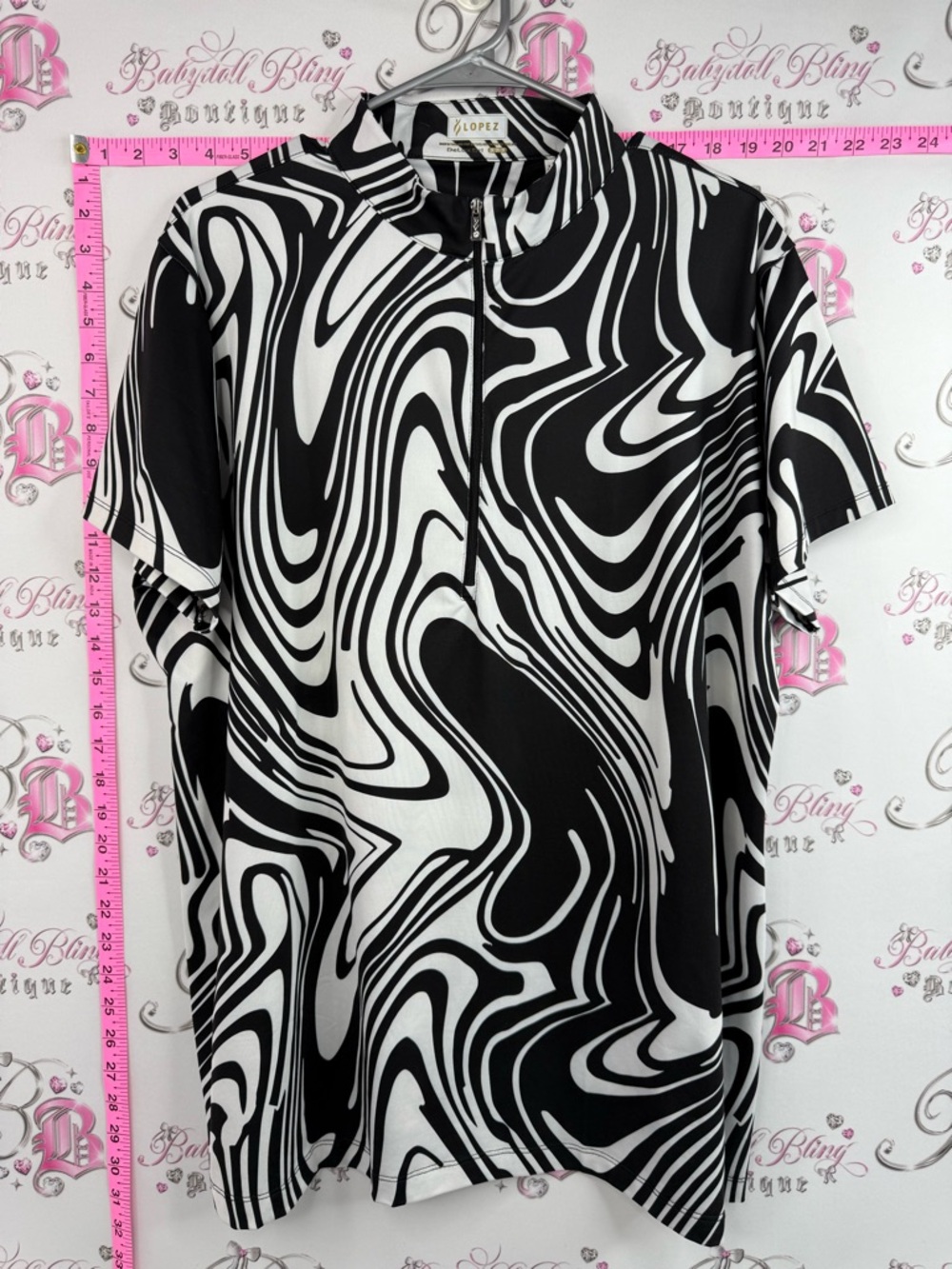 Lopez Abstract Zip-Front Short Sleeve Top Black & White swirl pattern flowy
